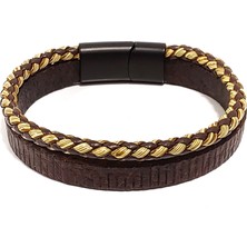 Herşey Nota Gold Line Kahve Hakiki Deri & Örgü Erkek Bileklik | Altın Detaylı, Modern ve Şık TASARIM-1198