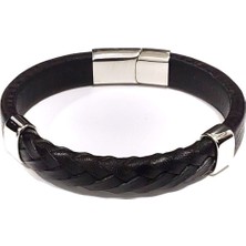 Herşey Nota Çelik Gölgeler Siyah Hakiki Deri Örgü Erkek Bileklik-36