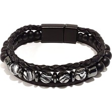 Herşey Nota Desenli Oniks Taşlı Hakiki Siyah Deri Erkek Bileklik | Mıknatıslı Metal Tokalı, Modern Tasarım