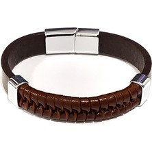 Herşey Nota Yörünge Kahverengi Hakiki Deri Mıknatıslı Çelik Erkek Bileklik-80