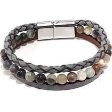 Herşey Nota Taş Fırtınası Gri Hakiki Deri Örgü Erkek Bileklik-90