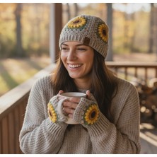 Crochet Ayçiçek Desenli Kadın Bere Eldiven Set, Kadın Bere, Kadın Eldiven ,tığ Işi  Bere Eldiven Set