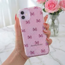 Fibaks Apple iPhone 12-12 Pro Uyumlu Kılıf Mor Simli Fiyonk Desenli Renkli Parlak Darbe Emici Kapak