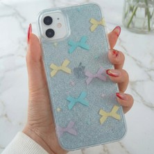 Fibaks Apple iPhone 11 Uyumlu Kılıf Mavi Simli Renkli Fiyonk Desenli Parlak Darbe Emici Kapak