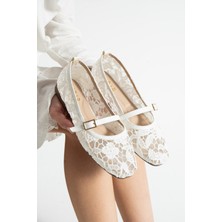 Dabab Shoes Merına Kadın Beyaz Düz Babet Dantel Dokuma Çiçek Desenli Tokalı Düz Günlük Ayakkabı