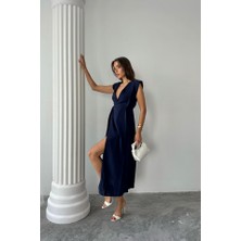 Bi Baksana Kruvaze Vatkalı Kolsuz Elbise Modal Kumaş - Lacivert