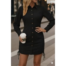 Bi Baksana Kadın Uzun Kollu Gömlek Yaka Önden Düğmeli Yanlardan Büzgülü Kısa Aerobin Elbise