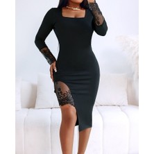 Bi Baksana Kadın Uzun Kollu Geometrik Yakalı Dantel Detaylı Midi Ithal Krep Elbise