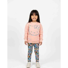 Pini Co Kız Çocuk Kedi Figürlü Pembe Sweatshirt ve Çiçek Desenli Tayt Takım