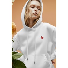 Kalp Baskılı Unisex Standart Fit Kapüşonlu Şardonlu Pamuklu Sweatshirt