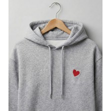 Kalp Baskılı Unisex Standart Fit Kapüşonlu Şardonlu Pamuklu Sweatshirt