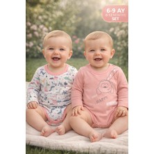 Baby Hola 0-12 Ay Kız Erkek Bebek Uzun Kol Çıtçıtlı Badi Ikili Set %100 Pamuk Dinozor Desen 516