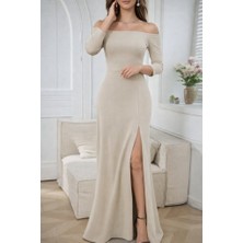 Bi Baksana Kadın Uzun Kollu Madonna Yakalı Yırtmaç Detaylı Uzun Ithal Krep Elbise