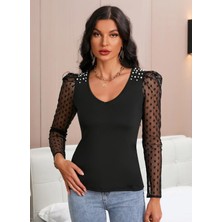 Bi Baksana Kadın Uzun Kollu Omuz Inci Kollar Tül Detay Viskon Bluz