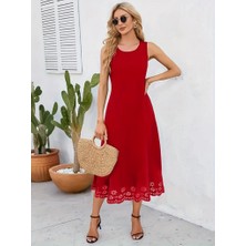 Bi Baksana Kadın Kolsuz Etek Ucu Lazer Kesim Çiçek Desenli Midi Boy Ithal Krep Elbise