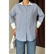 Bi Baksana Mavi Çizgili Poplin Uzun Kol Gömlek