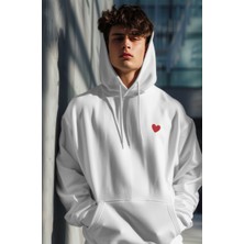 Kalp Baskılı Unisex Standart Fit Kapüşonlu Şardonlu Pamuklu Sweatshirt