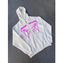 Bi Baksana Kışlık Baskılı Fermuarlı Kapüşonlu Hırka - Beyaz