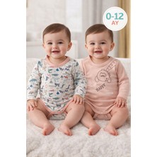 Baby Hola 0-12 Ay Kız Erkek Bebek Uzun Kol Çıtçıtlı Badi Ikili Set %100 Pamuk Dinozor Desen 516