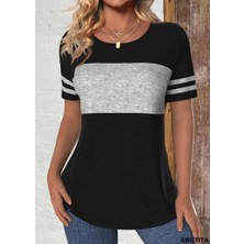 Bi Baksana Kadın Kısa Kollu Bisiklet Yaka Çift Renkli Viskon Bluz