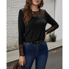 Bi Baksana Kadın Uzun Kollu Bisiklet Yaka Dantel Detaylı Burgu Bluz