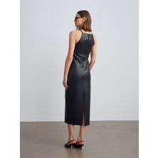 Dilvin 90935 Suni Deri Midi Elbise-Siyah