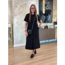 Bi Baksana Kadın Kısa Kollu Bisiklet Yakalı Cepli Önden Yırtmaçlı Viskon Iki Iplik Midi Elbise