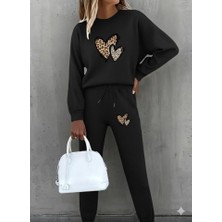 Bi Baksana Kadın Uzun Kollu Bisiklet Yaka Kalp Desenli Şardonlu Üç Iplik Bluz ve Pantolon Ikili Takım