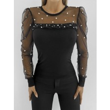 Bi Baksana Kadın Uzun Kollu Inci Detaylı Tüllü Viskon Bluz