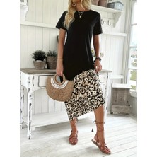 Bi Baksana Kadın Kısa Kollu Bisiklet Yaka Leopar Detaylı Midi Üst Viskon Alt Süprem Elbise