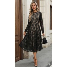 Bi Baksana Kadın Uzun Kollu Bisiklet Yaka Dantelli Astarlı Midi Elbise