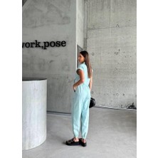 Bi Baksana Çizgili Keten Kolsuz Crop Pantolon Takım - Yeşil