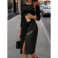 Bi Baksana Kadın Uzun Kollu Asimetrik Yırtmaç Deri Detaylı Midi Ithal Krep Elbise