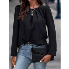 Bi Baksana Kadın Uzun Kollu Yuvarlak Önden Pileli Ithal Krep Bluz