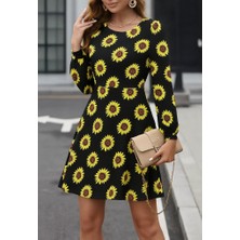 Bi Baksana Kadın Uzun Kollu Bisiklet Yaka Desenli Kısa Krep Elbise