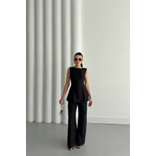 Bi Baksana Jakar Keten Kolsuz Bluz-Pantolon Tk - Siyah