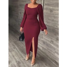 Bi Baksana Kadın Uzun Kollu Geometrik Yakalı Yandan Yırtmaçlı Uzun Janjan Krep Elbise