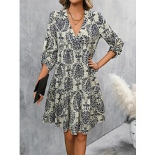 Bi Baksana Kadın Uzun Kollu V Yakalı Fırfırlı Mini Süprem Elbise