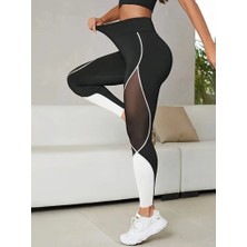 Bi Baksana Kadın Yüksek Bel Yanlardan Tül Detaylı Çift Renkli Spor Dalgıç Tayt