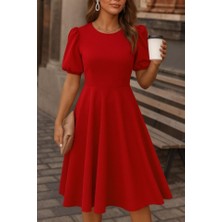 Bi Baksana Kadın Kısa Balon Kollu Bisiklet Yaka Geniş Kesim Janjan Krep Elbise