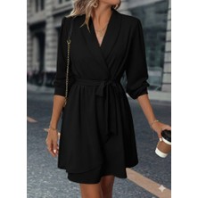 Bi Baksana Kadın Uzun Kollu Kruvaze Yakalı Belden Kuşaklı Mini Çift Katlı Ithal Krep Elbise