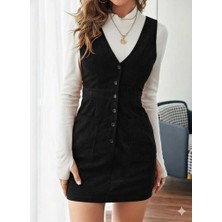 Bi Baksana Kadın Askılı V Yakalı Önden Düğmeli Mini Kalın Fitilli Kadife Elbise