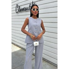 Bi Baksana Çizgili Viscon Keten Yelekli Rahat Takım 10121