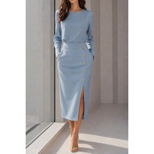 Bi Baksana Kadın Uzun Kollu Bisiklet Yakalı Yandan Yırtmaçlı Düğmeli Midi Ithal Krep Elbise