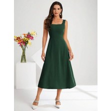 Bi Baksana Kadın Askılı Kare Yakalı Midi Ithal Krep Elbise