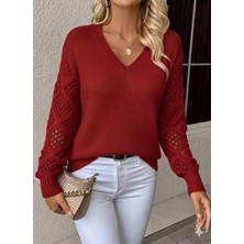 Bi Baksana Kadın Uzun Kollu V Yaka Kol Delikli Baklava Desen Detaylı Triko Kazak