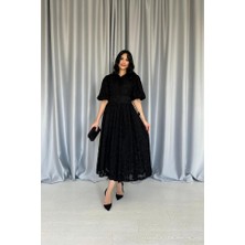 Bi Baksana Siyah Kemerli Balon Kollu Elbise