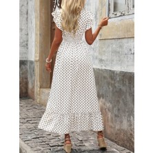 Bi Baksana Kadın Kısa Kelebek Kollu Kruvaze Yakalı Desenli Süprem Elbise