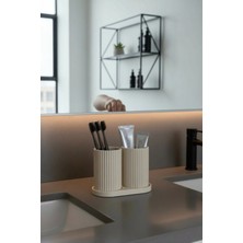 Boz Concept Home Modern Tasarım Bej Diş Fırçalık ve Macunluk Standı. Dekoratif Çizgili Banyo Düzenleyici Organizer