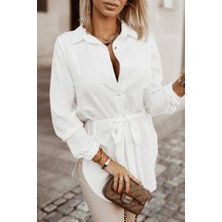 Bi Baksana Kadın Metal Düğmeli Beli Kuşaklı Pamuk Polyester Kumaş Gömlek Elbise